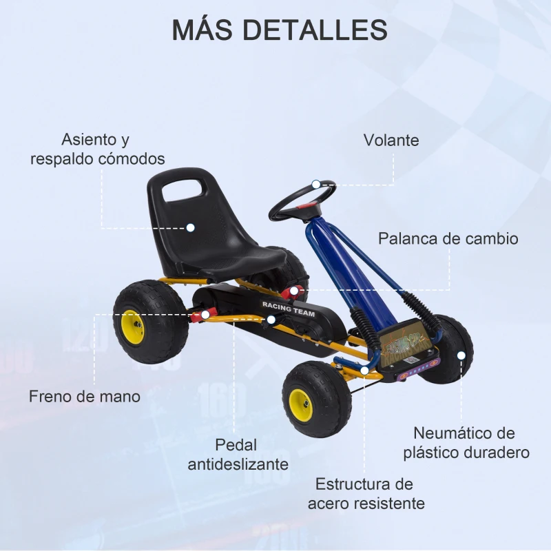 HOMCOM Go-Kart a Pedales para Niños a partir de 3 años con Asiento Ajustable y Freno de Mano 96x68x56 cm Azul y Negro