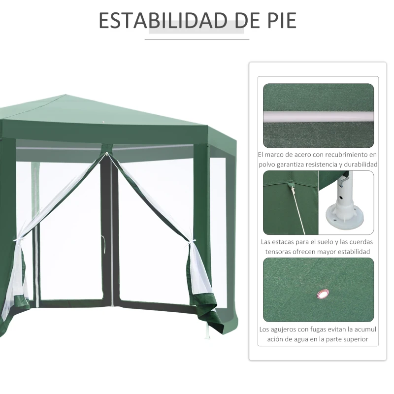 Outsunny Carpa Hexagonal con Mosquiteras con Cremallera para Jardín y Terraza Gazebo tipo Cenador 197 cm cada Lado Verde