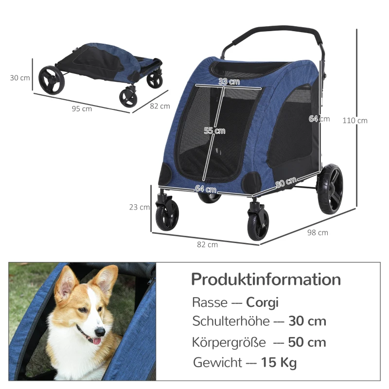 PawHut Hondenbuggy hondentrolley hondenkar hondentas opvouwbaar blauw + zwart