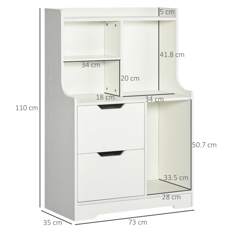 HOMCOM Mobile Dispensa in MDF con 2 Cassetti e Ripiani Aperti per Soggiorno, Ingresso e Cucina, 73x35x110 cm, Bianco