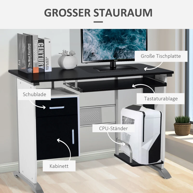 HOMCOM Computerbureau bureau met antislip schuiflades zwart + wit + zilver