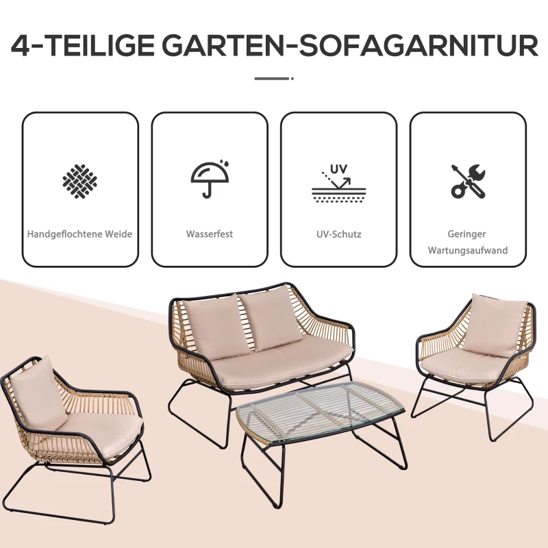 Outsunny poly-rotan tuinbank 4-delige rotan bankset staal polyester kaki + beige