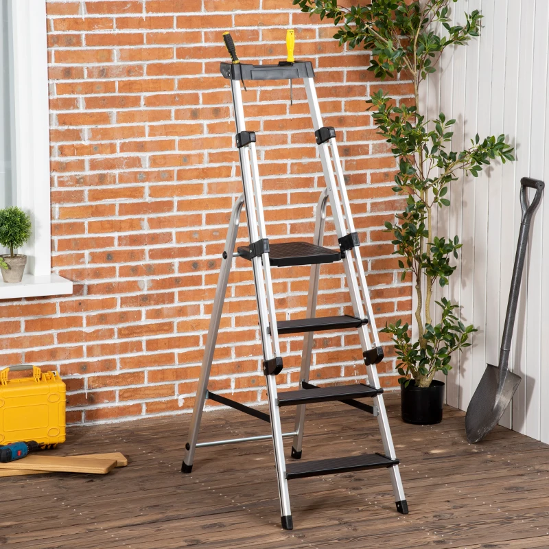 DURHAND Aluminiumleiter Arbeitsleiter klappbar rutschfest rostfrei mit Werkzeugablage Aluminium 45,5 x 82 x 145cm