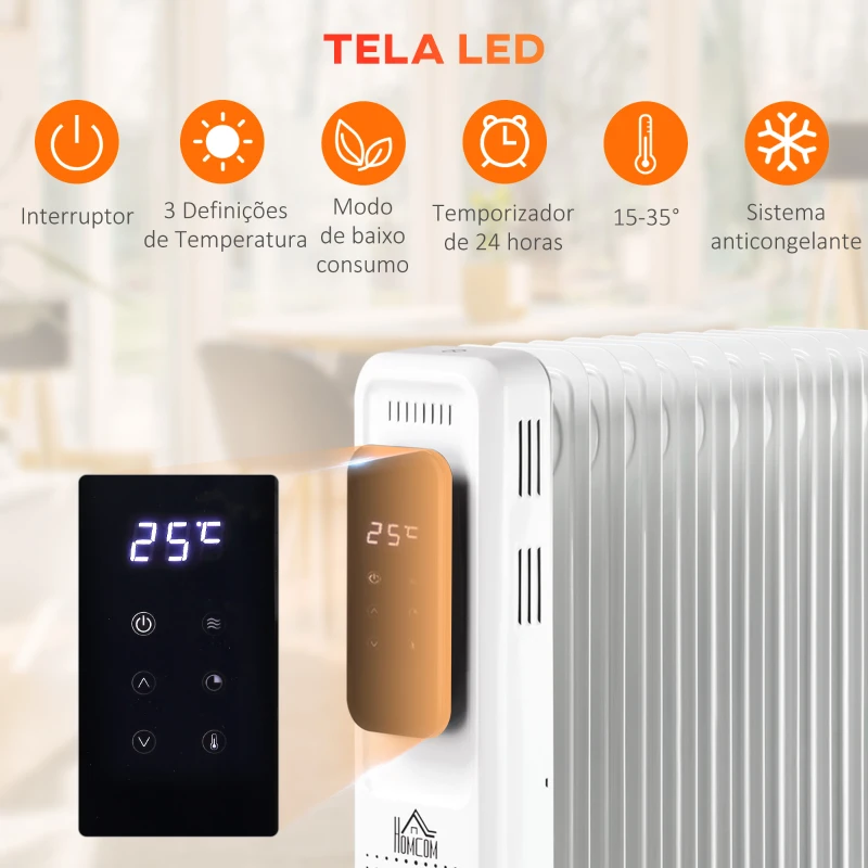 HOMCOM Aquecedor a Óleo 1830/2180W com 3 Modos de Aquecimento Tela LED Controle Tátil Termostato Temporizador 24H e Rodas Baixo Consumo para 20m² 42,5x24x63cm Branco