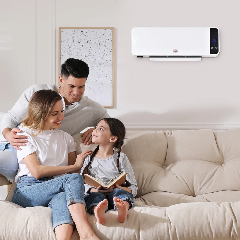 HOMCOM Aquecedor Cerâmico de Parede 1000/2000W com Controle Remoto Tela LED Termostato Temporizador e Proteção contra Superaquecimento para 25m² 56x18,5x11,5cm Branco