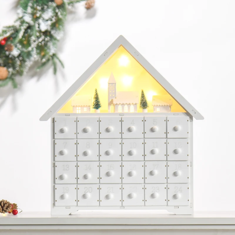 HOMCOM Calendário de Advento de Natal Madeira com 24 Gavetas e Luzes LED Decoração de Natal Modelo Casinha 39x9x42cm Branco