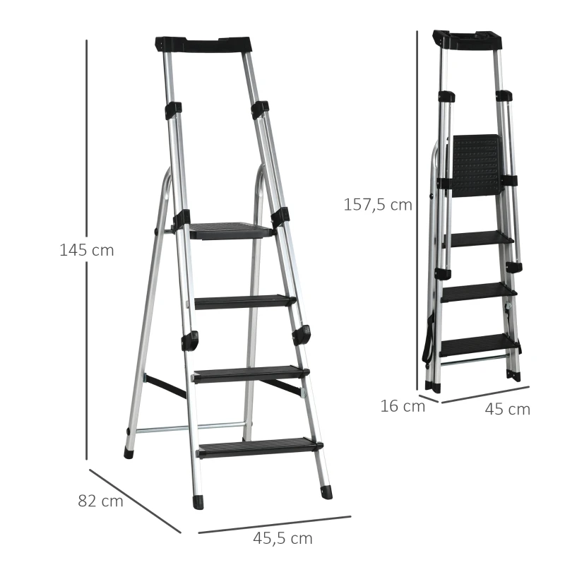 DURHAND Aluminiumleiter Arbeitsleiter klappbar rutschfest rostfrei mit Werkzeugablage Aluminium 45,5 x 82 x 145cm