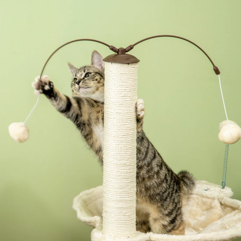 PawHut Árvore Arranhador para Gatos com Rede Postes de Sisal com Bolas Suspensas Giratórias e Múltiplos Jogos 53,5x53,5x90cm Bege