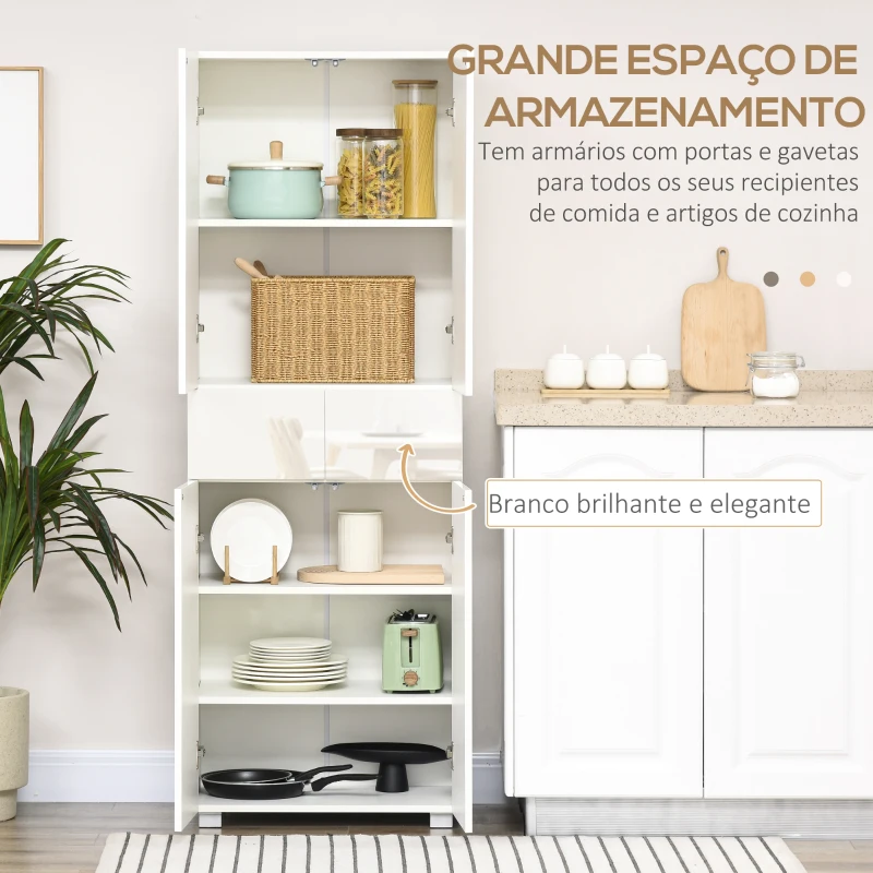 HOMCOM Armário de Cozinha Móvel Auxiliar de Cozinha com 4 Portas 2 Gavetas e Prateleiras Ajustáveis 60x35x170cm Branco