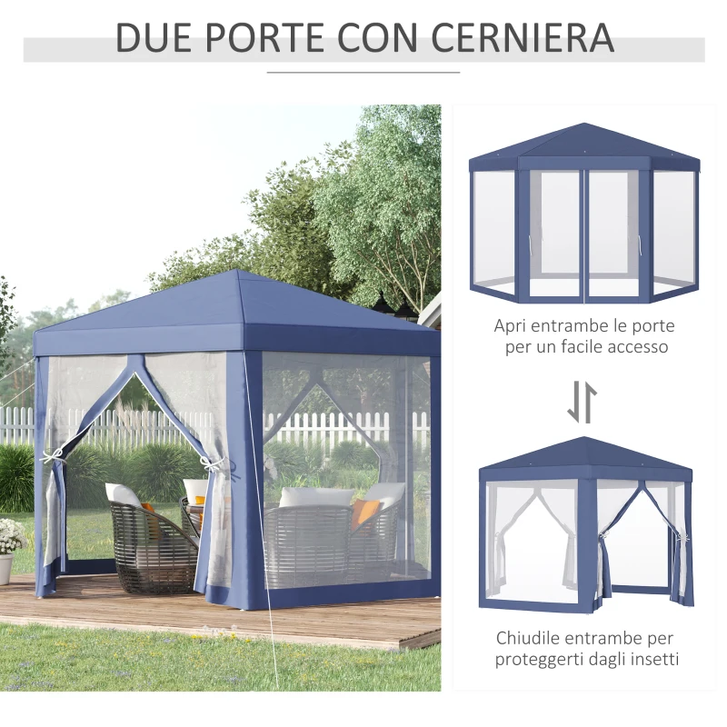 Outsunny Gazebo Esagonale Moderno e Versatile da Giardino in Tessuto e Metallo 2x2m Blu Bianco