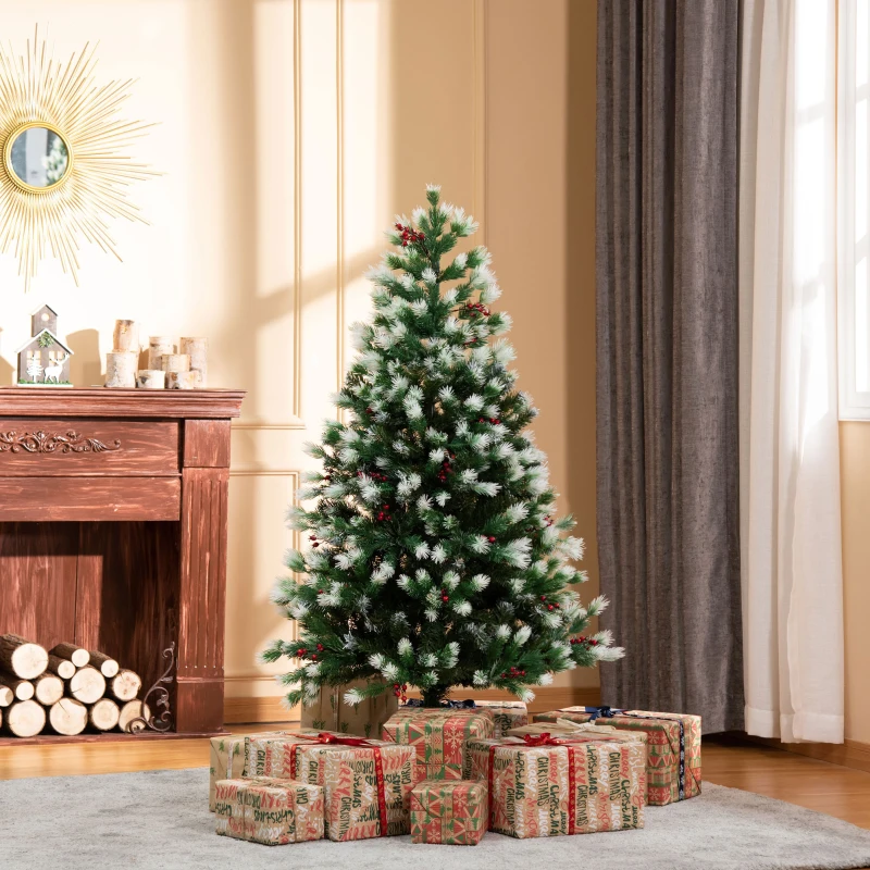 HOMCOM 5ft Snow-Dipped Artificial Christmas Tree w/ Red Berries Metal Base Home Season Decoration Holiday Elegant Traditional