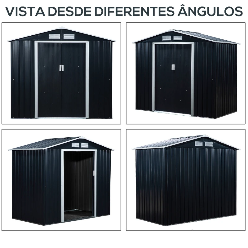 Outsunny Abrigo de Jardim 213x130x185cm Abrigo de Jardim Metálico de Exterior com 2 Portas Deslizantes e 4 Janelas Cinza Escuro