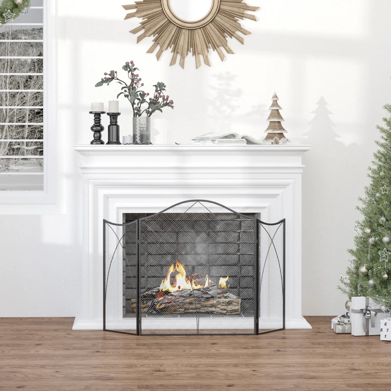 HOMCOM Frente para Lareira Dobrável Proteção para Lareira de 3 Painéis com Dobradiças e Estrutura de Metal Decorativa 126x2x76cm Preto