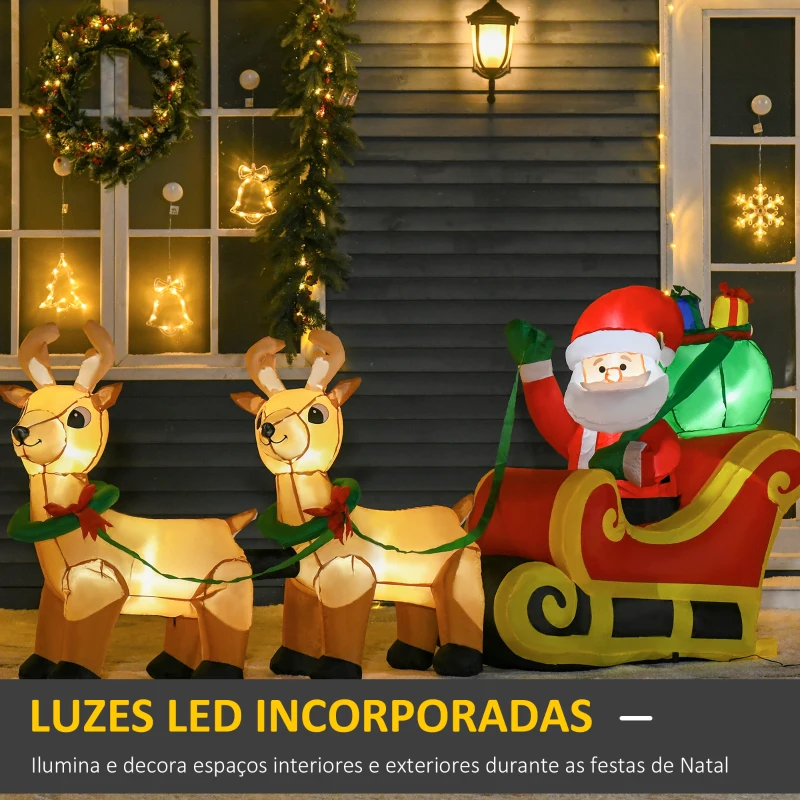 HOMCOM Pai Natal com Trenó e Renas Infláveis com Luzes LED Decoração de Natal para Exterior Ar Livre com Inflador 240x57x112cm Multicor