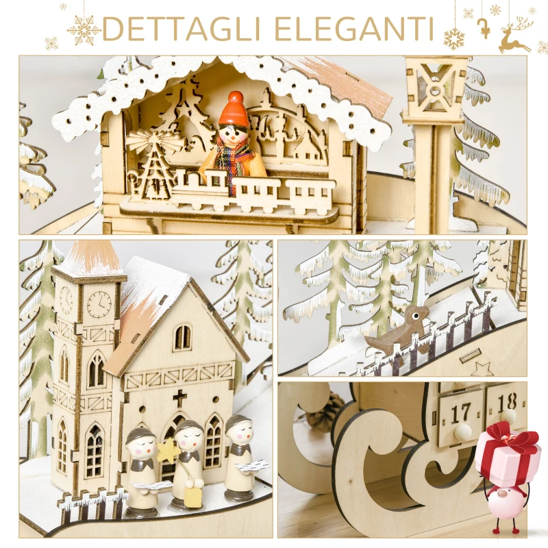 HOMCOM Calendario dell'Avvento in Legno a Forma di Slitta con 24 Cassetti da Riempire, Decorazioni e Luci a LED, 45x10x31cm