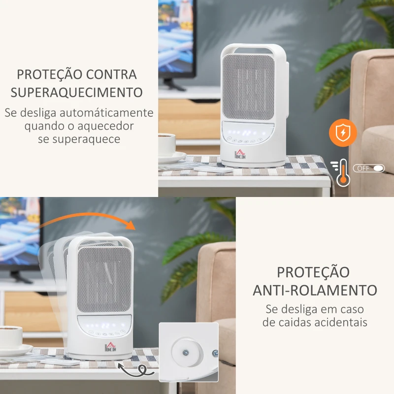 HOMCOM Aquecedor Cerâmico Portátil 2 Níveis de Potência 750W/1500W com Controle Remoto Temporizador de 12h 3 Modos de Aquecimento e Oscilação de 45° Silenciosa Ø15x28cm Branco