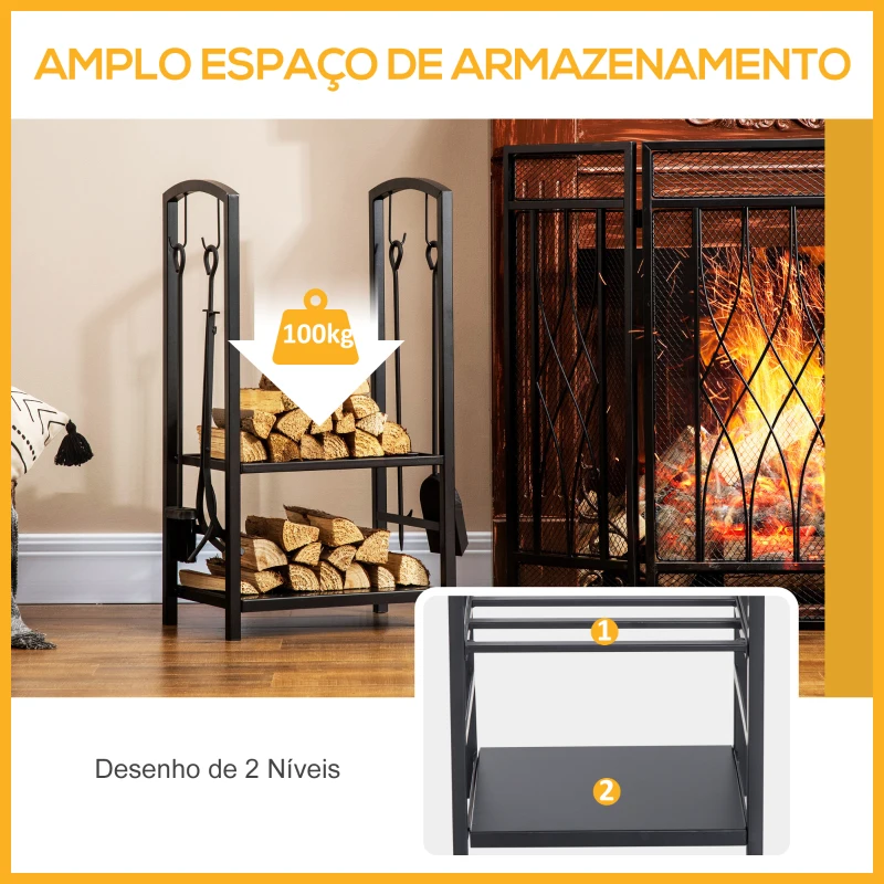 Outsunny Suporte para Lenha de 2 Níveis Porta Lenha Exterior e Interior Metálico com 4 Ferramentas para Lareira Carga Máx. 100kg 40x30x74,5cm Preto