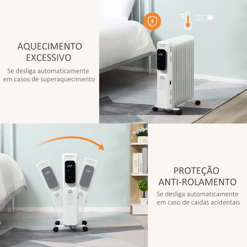 HOMCOM Aquecedor a Óleo 2290/2720W com 3 Modos de Aquecimento Tela LED Controle Tátil Termostato Temporizador 24H e Rodas Baixo Consumo para 20m² 50,5x24x63cm Branco