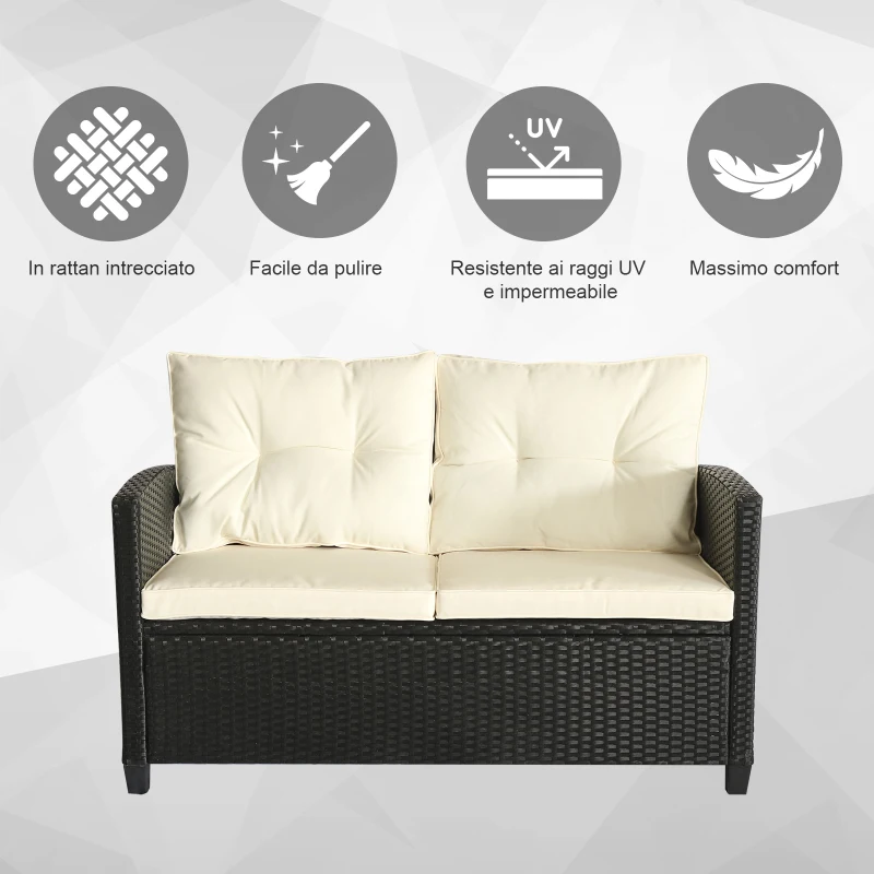 Outsunny Set Mobili da Giardino 4 Pezzi in Rattan PE e Tavolino, Divano e Poltrone Imbottiti Nero e Beige 124x68x76cm