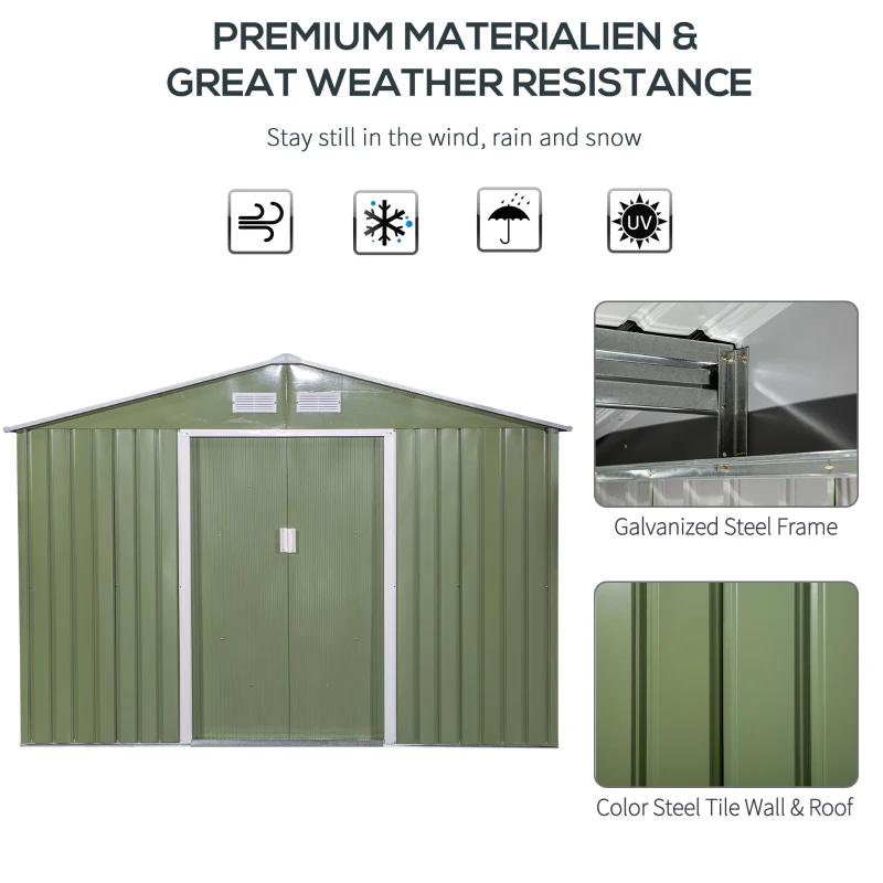 Outsunny Magazie de gradina 277 x 195 x 192cm cu usi glisante duble, 4 orificii de aerisire, din otel durabil, verde(m-4)