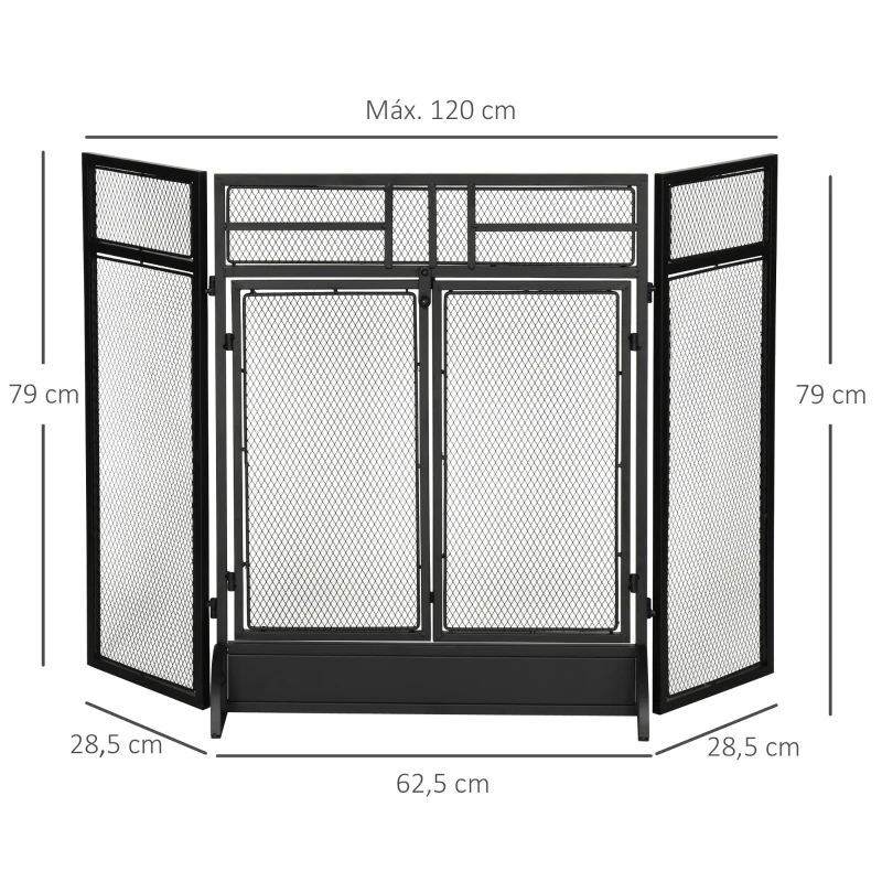HOMCOM Frente de Lareira Dobrável Frente para  Lareira com 3 Painéis com Porta Dupla e Pés Adicionais Estrutura de Metal 120x11,5x79cm Preto