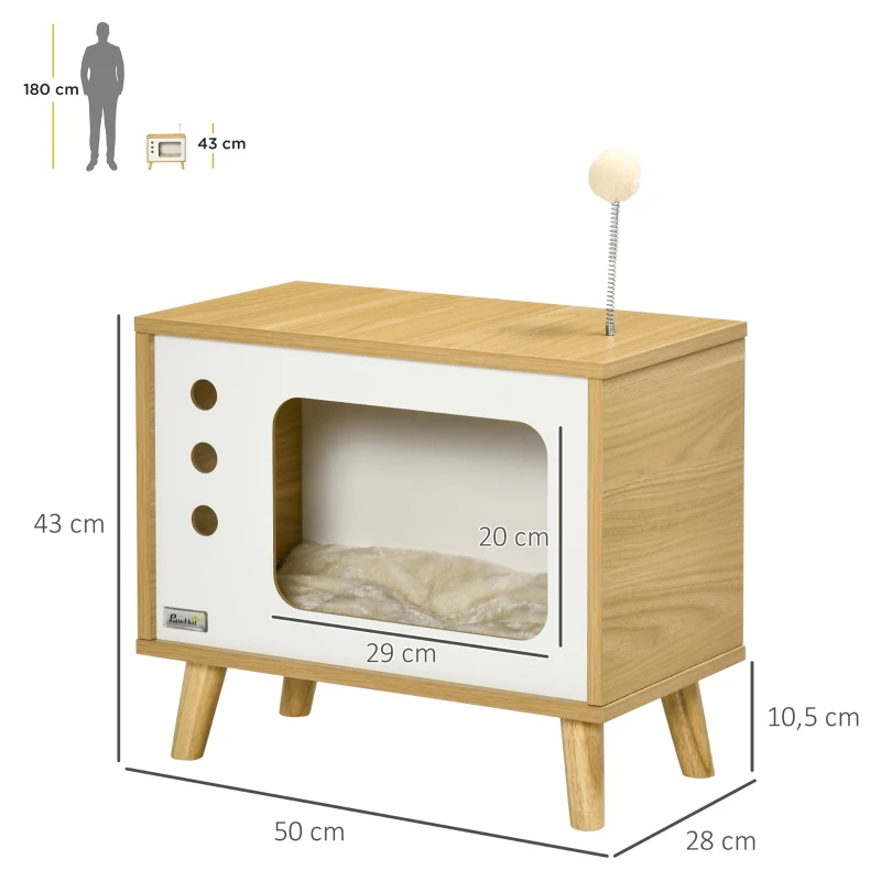PawHut Mesa Auxiliar Casa para Gatos Estilo Televisor com Almofada Suave Lavável Bola e Pés Elevados 50x28x43cm Carvalho