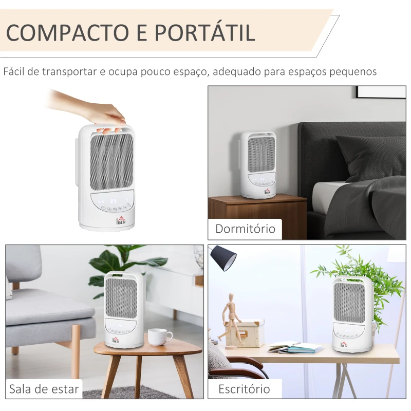 HOMCOM Aquecedor Cerâmico Portátil 2 Níveis de Potência 750W/1500W com Controle Remoto Temporizador de 12h 3 Modos de Aquecimento e Oscilação de 45° Silenciosa Ø15x28cm Branco