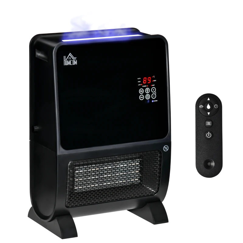 HOMCOM Aquecedor Elétrico 2000W com Umidificador Controle Remoto a Distância Termostato Temporizador Tela e Luzes LED para Sala de Estar de 30 m² 33x21x49,5cm Preto