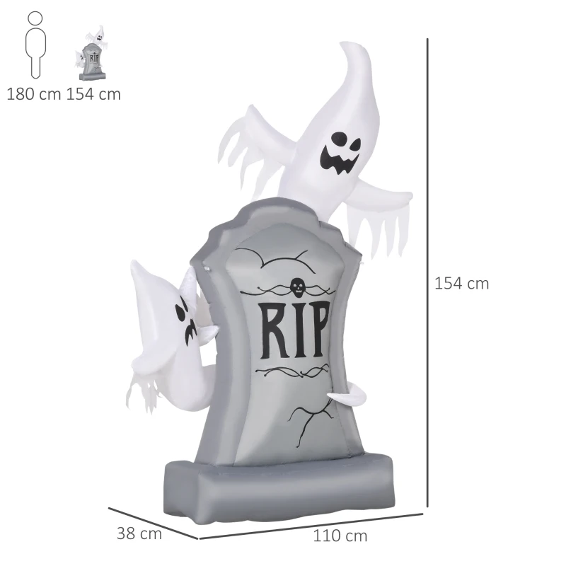 HOMCOM Fantasmas Infláveis de Halloween com Luzes LED Decoração Inflável de Halloween para Interiores Exteriores Festas 110x38x154cm Branco e Cinza