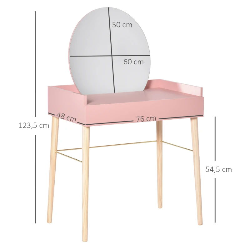 HOMCOM Schminktisch für Schlafzimmer Frisiertisch Kosmetiktisch mit Spiegel Schublade leichter Luxusstil MDF Kiefernholz Rosa 76 x 48 x 123,5 cm
