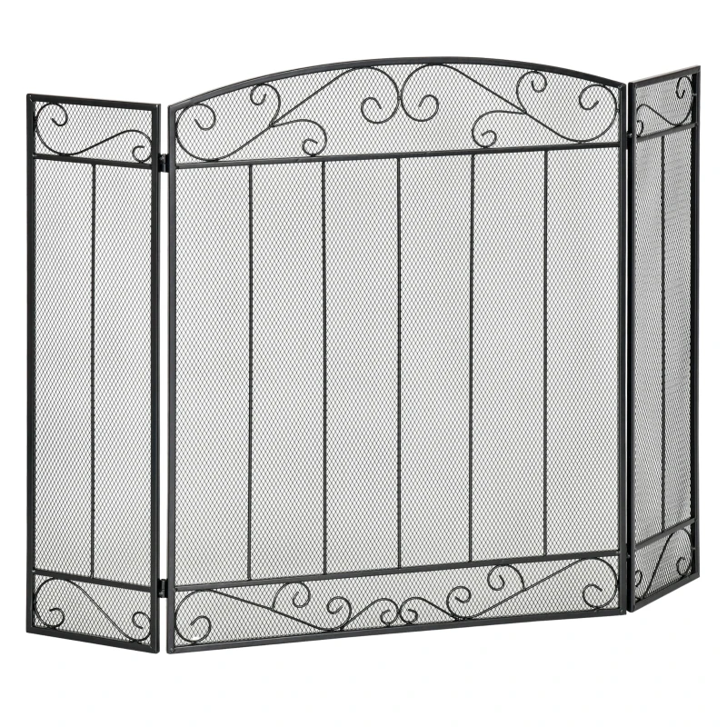 HOMCOM Frente de Lareira Dobrável Frente para Lareira com 3 Painéis Dobradiças Estrutura de Metal e Arame Decorativo 105x80,5cm Preto