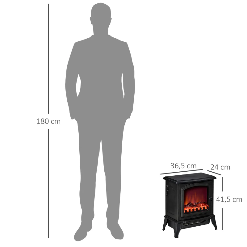 HOMCOM Lareira Elétrica Portátil 1000/2000W com Simulação de Chama Termostato Ajustável e Proteção de Superaquecimento para Salas de até 25m² 36,5x24x41,5cm Preto