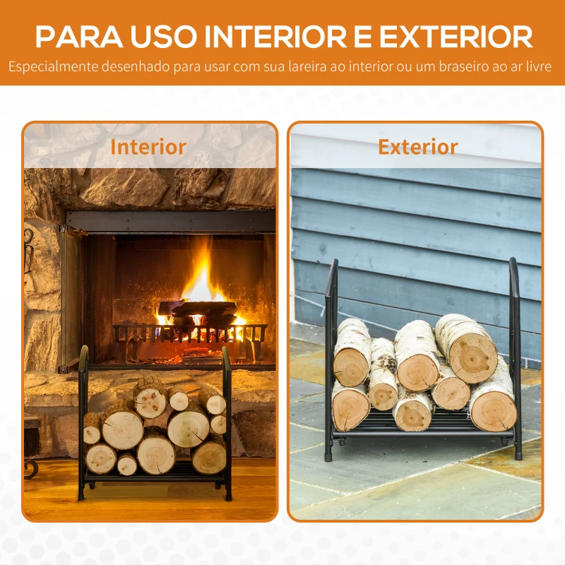 Outsunny Suporte para Lenha Metálico Porta Lenha Exterior e Interior com Grade e Base Elevada Carga Máxima 50kg 39,5x31,5x39,5cm Preto