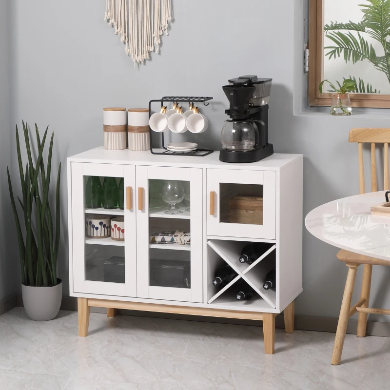 HOMCOM Aparador de Cozinha com 3 Portas de Vidro e Suporte em Forma de X para 4 Garrafas Móvel Buffet Auxiliar 90x37x75cm Branco