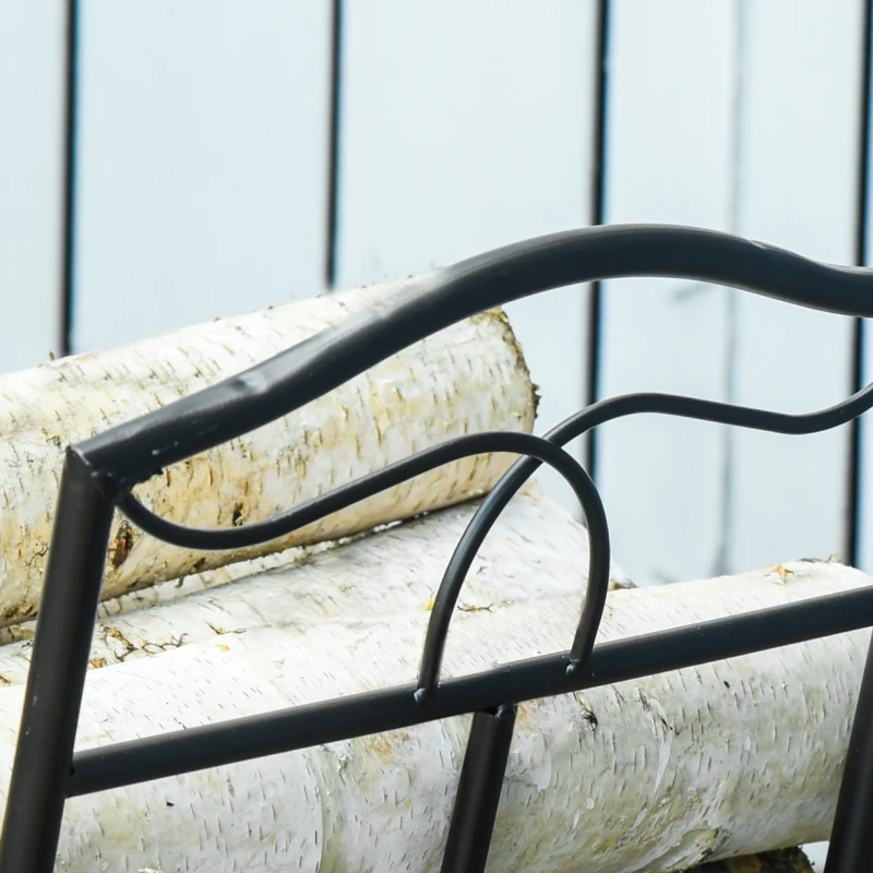 Outsunny Suporte para Lenha Metálico Porta Lenha Exterior e Interior com Grade e Base Elevada Carga Máxima 40kg 47x30x38cm Preto