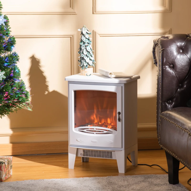 HOMCOM Lareira Elétrica Portátil Potência 900/1800W com Efeito de Chama Realista Termostato Ajustável e Proteção contra Superaquecimento até 20m² 39x26x54,8cm Branco