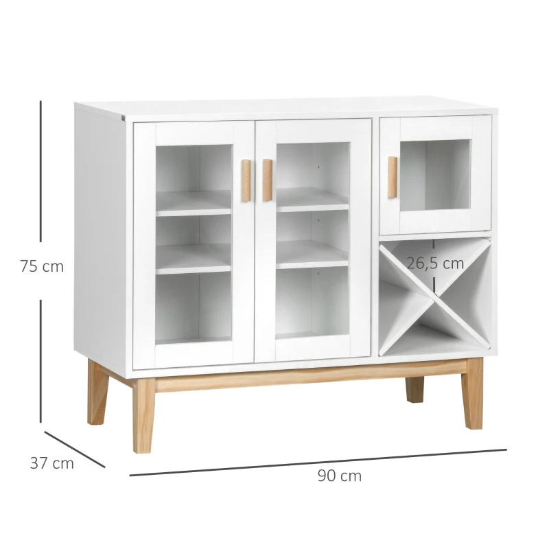 HOMCOM Aparador de Cozinha com 3 Portas de Vidro e Suporte em Forma de X para 4 Garrafas Móvel Buffet Auxiliar 90x37x75cm Branco