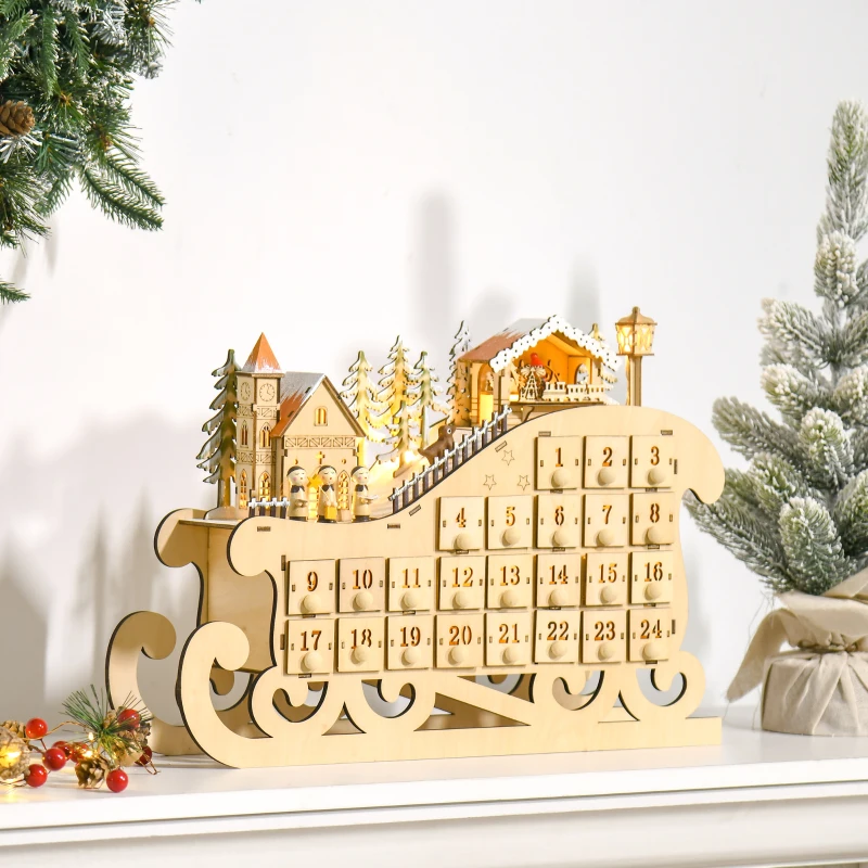 HOMCOM Calendário de Advento de Natal com Luzes LED e 24 Gavetas Decoração de Natal Modelo de Trenó 45x10x31cm Madeira Natural