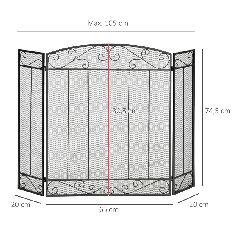 HOMCOM Frente de Lareira Dobrável Frente para Lareira com 3 Painéis Dobradiças Estrutura de Metal e Arame Decorativo 105x80,5cm Preto