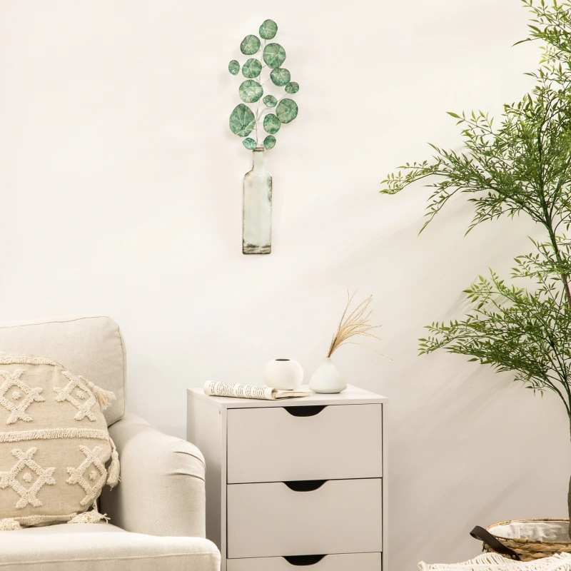 HOMCOM Decoração de Parede de Metal 3D com Planta Verde em Vaso 18x56cm Arte de Parede Verde e Prata