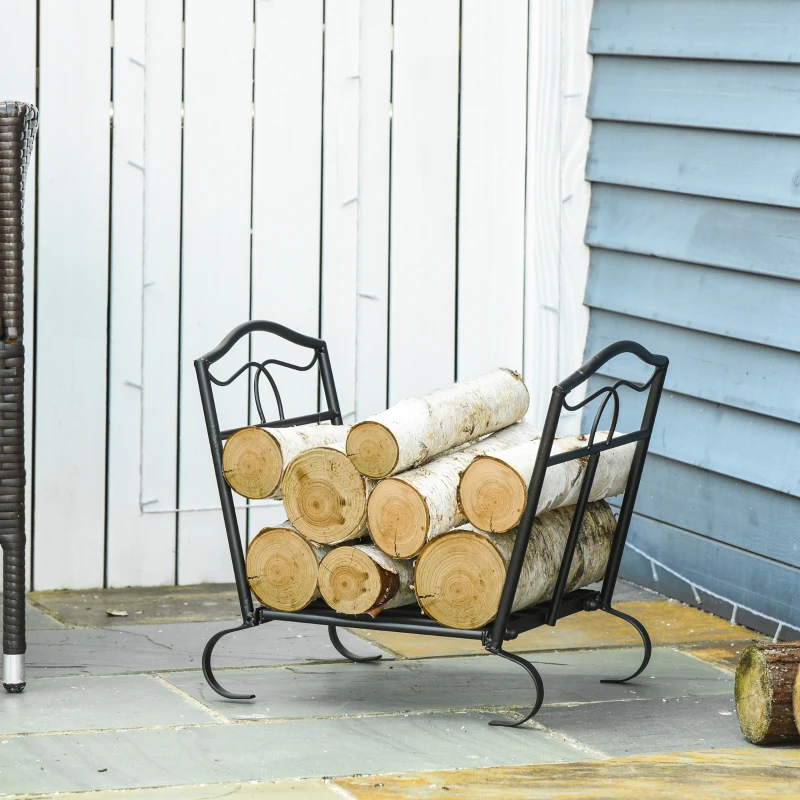 Outsunny Suporte para Lenha Metálico Porta Lenha Exterior e Interior com Grade e Base Elevada Carga Máxima 40kg 47x30x38cm Preto