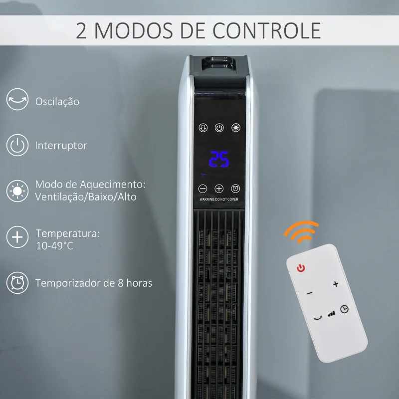 HOMCOM Aquecedor Cerâmico de Torre 1000/2000W com Controle Remoto Tela LED 3 Modos de Aquecimento Termostato Temporizador e Oscilação 65° para 25m² 21x21x73cm Branco