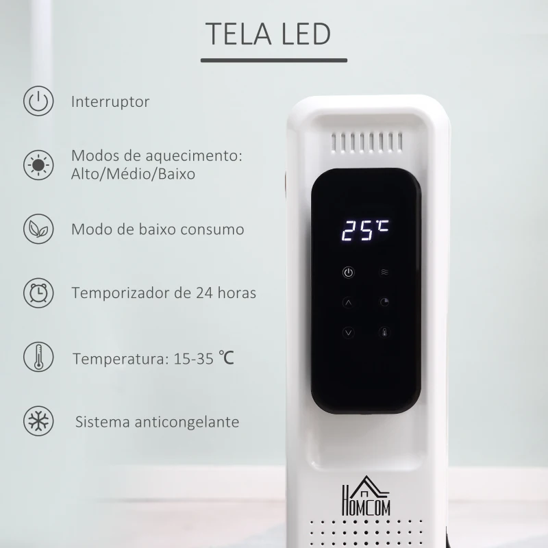 HOMCOM Aquecedor a Óleo 2290/2720W com 3 Modos de Aquecimento Tela LED Controle Tátil Termostato Temporizador 24H e Rodas Baixo Consumo para 20m² 50,5x24x63cm Branco
