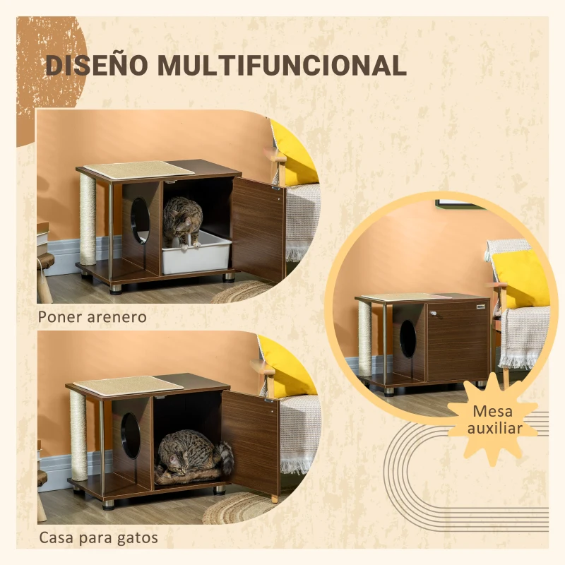 PawHut Mueble Arenero para Gatos Mesa Auxiliar con Cojín Poste Rascador Y Alfombra Lateral de Sisal 60x40x48 cm Nogal