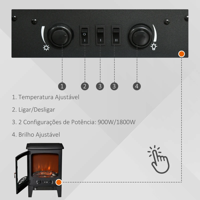 HOMCOM Lareira Elétrica Portátil Potência 900/1800W com Efeito de Chama Realista Termostato Ajustável e Proteção contra Superaquecimento até 20m² 39x26x54,8cm Preto