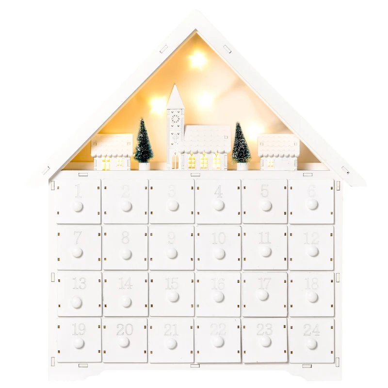 HOMCOM Calendário de Advento de Natal Madeira com 24 Gavetas e Luzes LED Decoração de Natal Modelo Casinha 39x9x42cm Branco