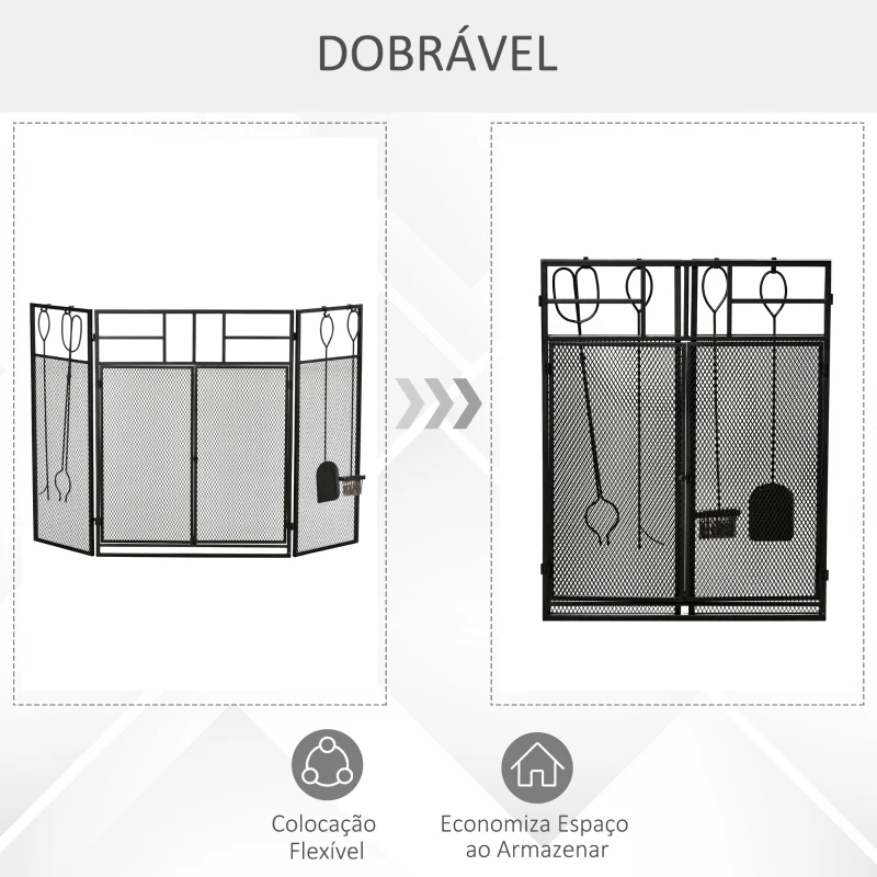HOMCOM Frente para Lareira Dobrável Proteção para Lareira de 3 Painéis com Dupla Porta 4 Ferramentas e Gancho Estrutura de Metal 122x2x79cm Preto