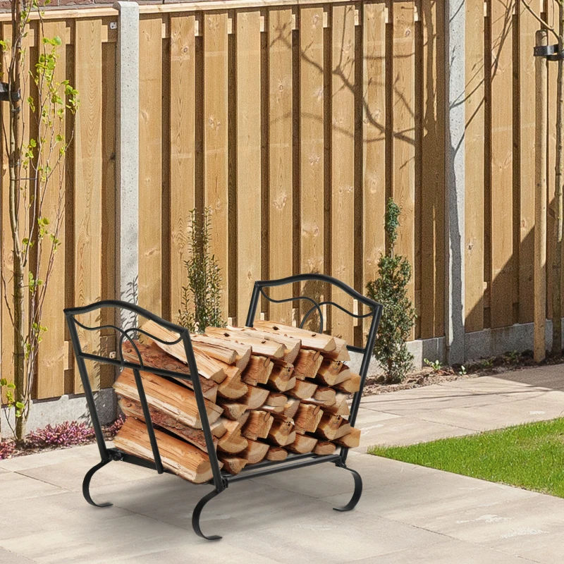 Outsunny Suporte para Lenha Metálico Porta Lenha Exterior e Interior com Grade e Base Elevada Carga Máxima 40kg 47x30x38cm Preto