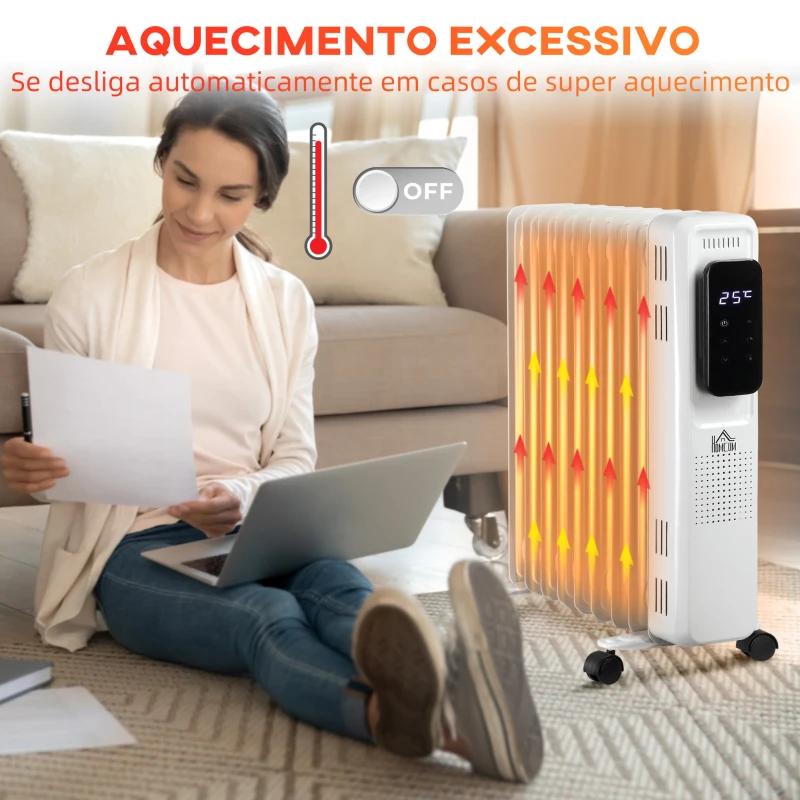 HOMCOM Aquecedor a Óleo 1830/2180W com 3 Modos de Aquecimento Tela LED Controle Tátil Termostato Temporizador 24H e Rodas Baixo Consumo para 20m² 42,5x24x63cm Branco