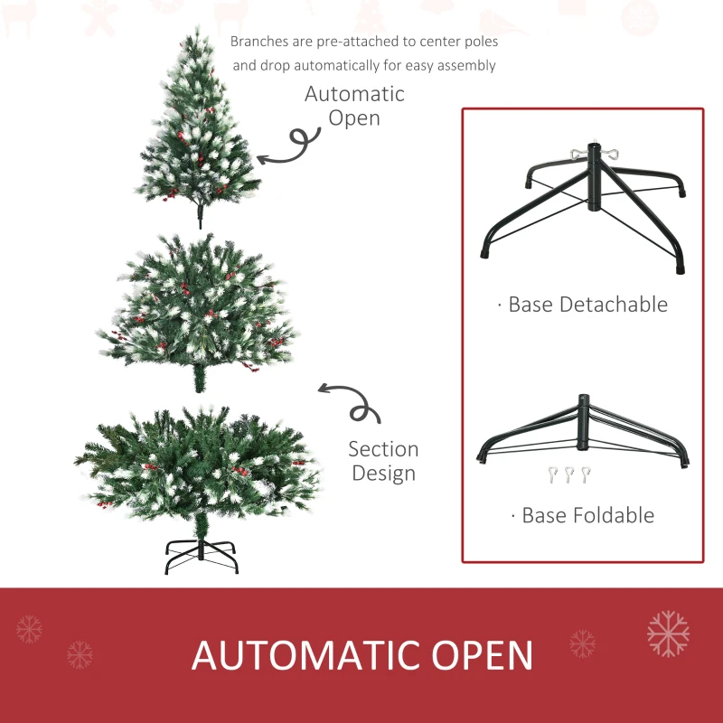 HOMCOM 6ft Snow-Dipped Artificial Christmas Tree w/ Red Berries Metal Base Home Season Decoration Holiday Elegant Traditional